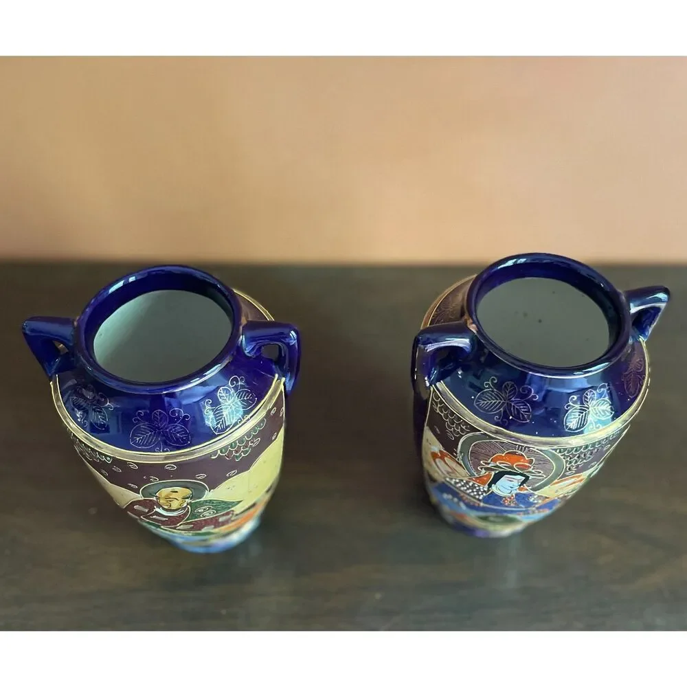 Vintage Japan Cobalt Hand Painted Vase Set Pair 8